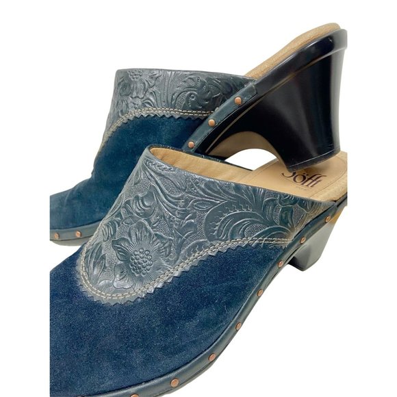 Sofft Navy Suede Leather Western Heeled Mules Size 8.5 Women's - Picture 1 of 5